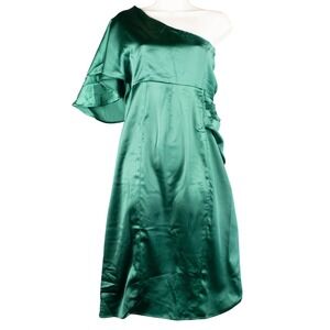 FLAW Cupshe Womens S Emerald Green Satin One Shoulder Dress Cocktail Ruched